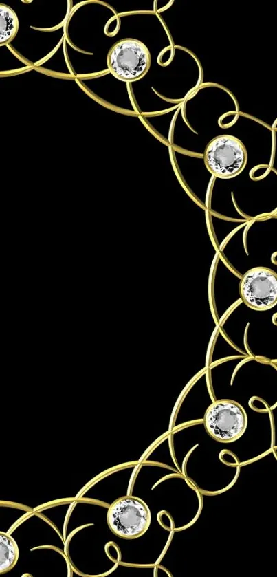 Elegant gold wire design with gemstones on black background.