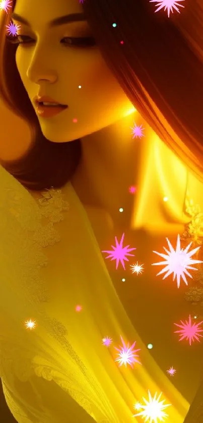 Elegant golden portrait with abstract flowing patterns.