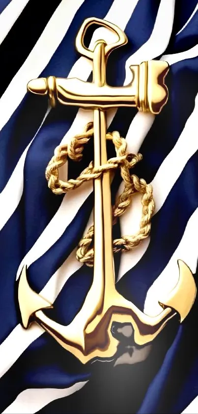 Golden anchor on blue striped background wallpaper.