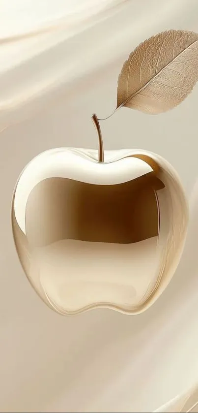 Golden apple with a leaf on a beige background.