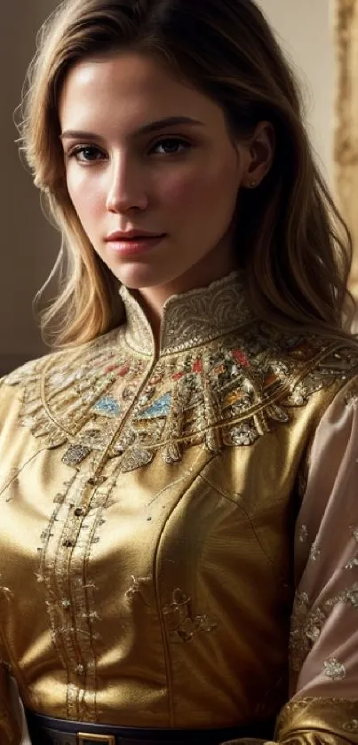 Portrait of a woman in intricate golden attire with a vintage setting.