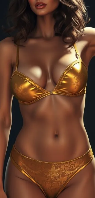 Artistic depiction of a woman in a golden bikini.