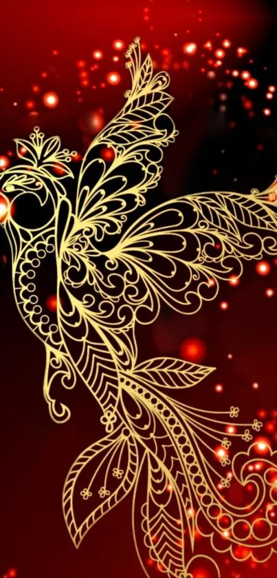 Golden decorative bird on red background wallpaper.