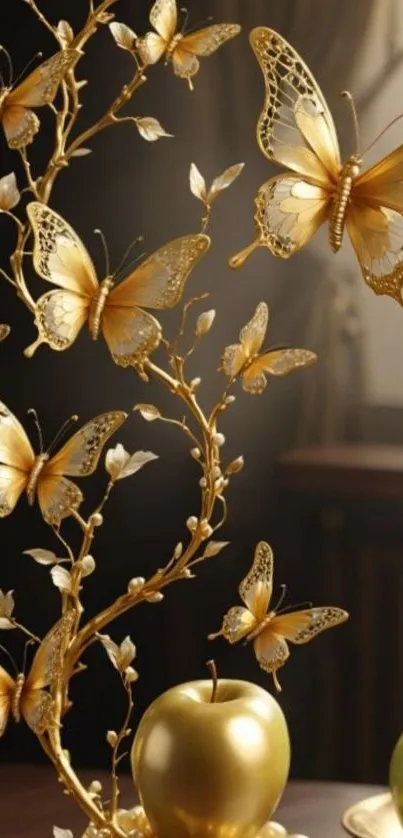 Elegant golden butterflies and apple blossoms wallpaper.
