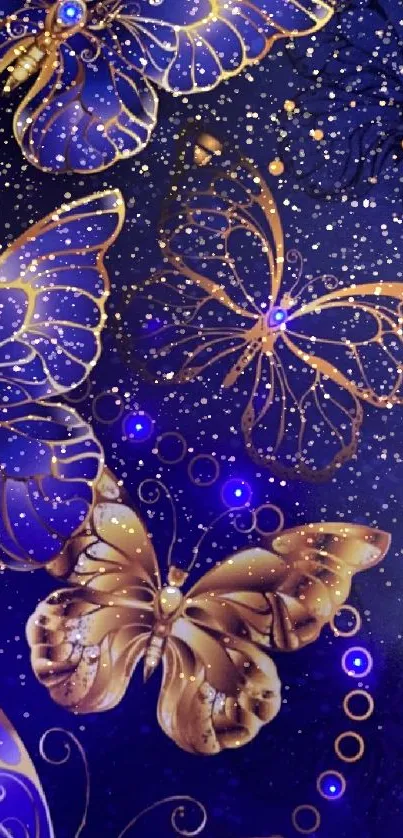 Elegant golden butterflies on dark blue background mobile wallpaper design.