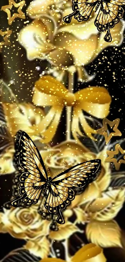 Golden butterfly and rose wallpaper with shimmering stars and bows.