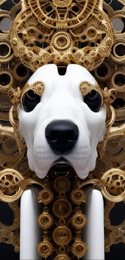 Golden mechanical canine head art on black background.