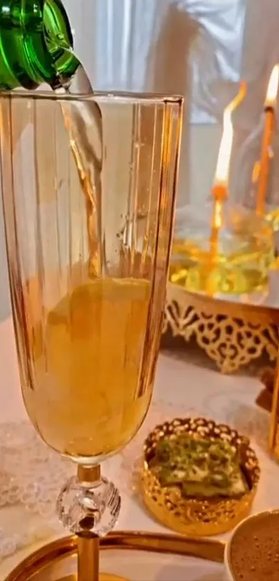 A golden champagne flute being filled, surrounded by elegant décor.