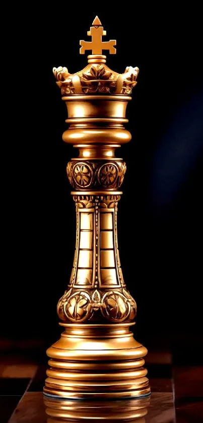 Golden chess king piece with luxurious design, dark background.