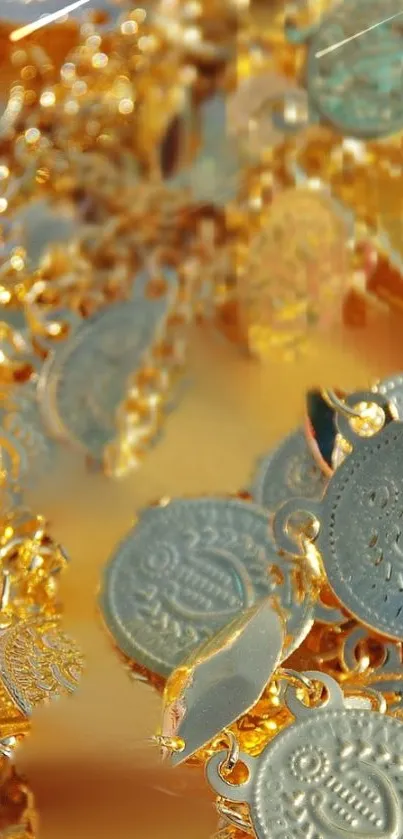 Close-up view of intricate golden coin designs on a luxurious wallpaper.