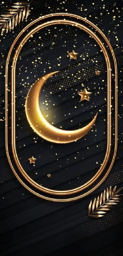 Golden crescent and stars on black wallpaper.