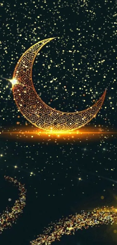 Golden crescent moon with starry background wallpaper.