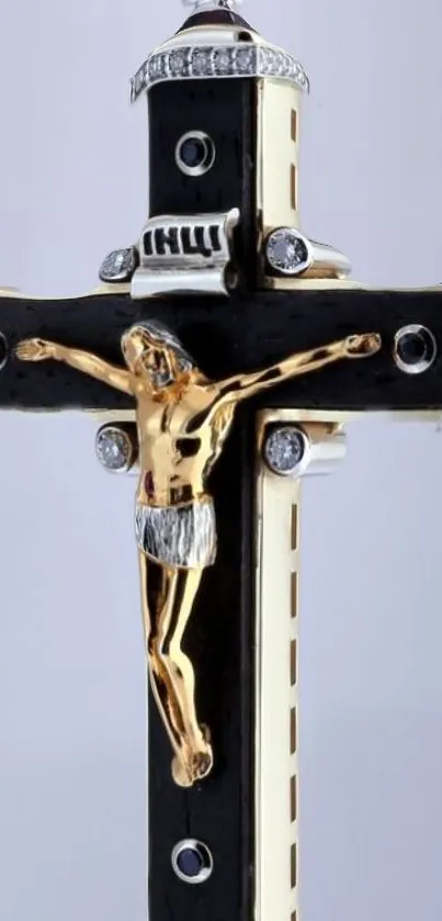 Golden crucifix on a black background, elegant and intricate design.