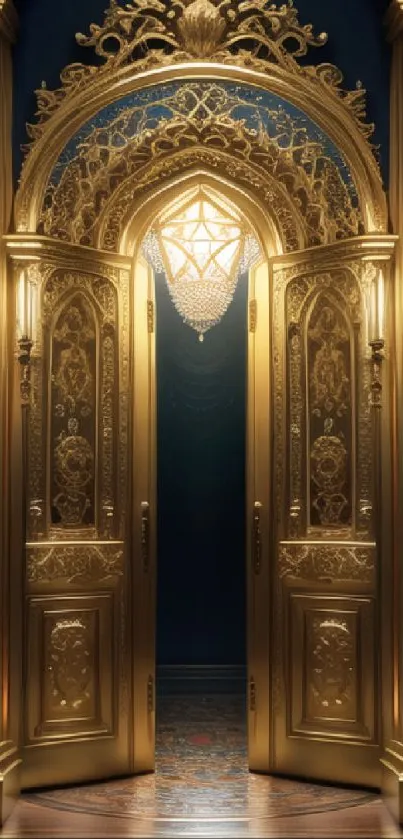 Ornate golden door with intricate design and chandelier lighting.