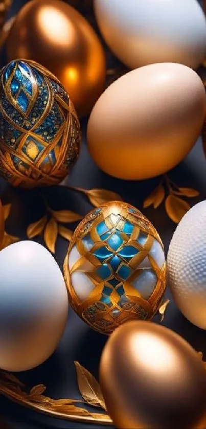 Luxurious golden and white eggs with intricate patterns on a dark background.