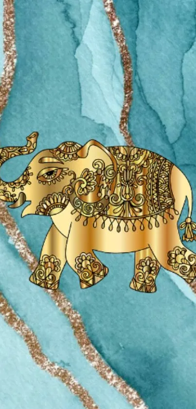 Golden elephant on turquoise background wallpaper.