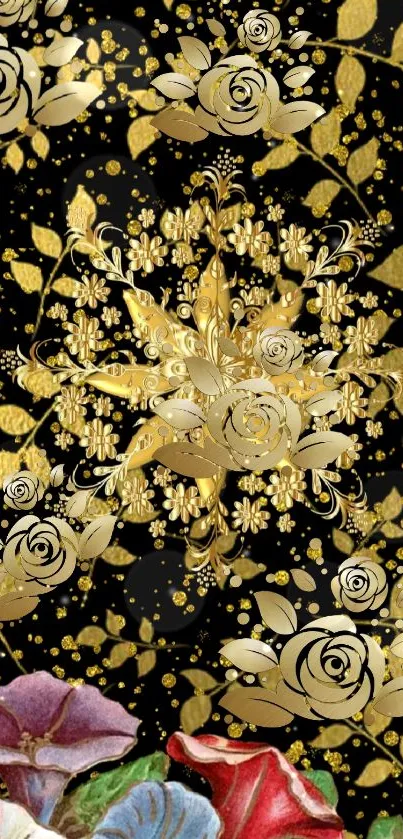 Elegant mobile wallpaper with golden floral design on a black background.