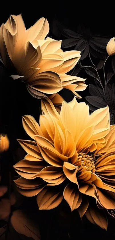 Elegant golden flowers on a dark background wallpaper.