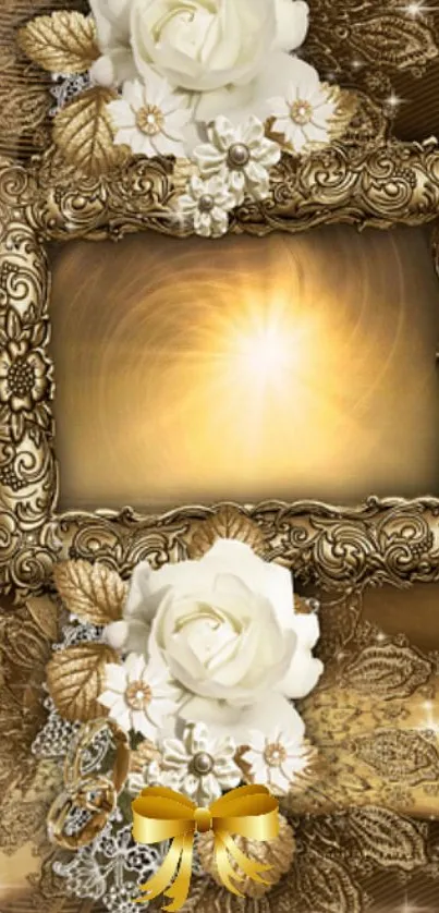 Ornate golden frame with floral design and white roses for mobile wallpaper.