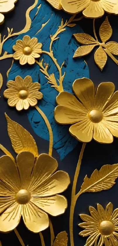 Elegant golden floral wallpaper with black and teal background.