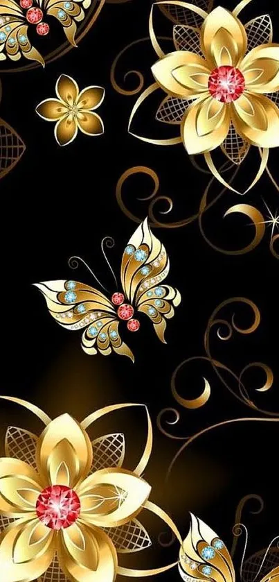 Elegant golden wallpaper with flowers and butterflies on black background.