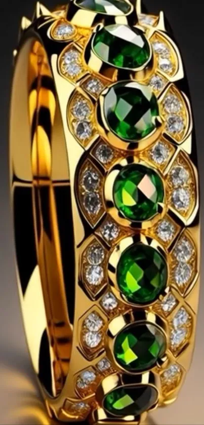 Gold ring with emerald gems and diamonds on dark background.