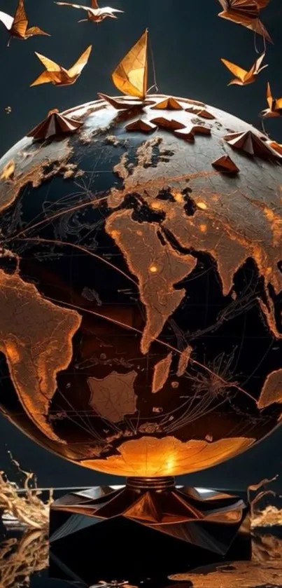 Golden globe with origami birds in artistic design