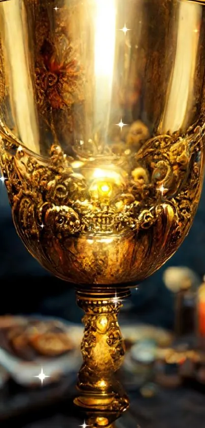 Golden goblet with intricate design against a dark, elegant backdrop.