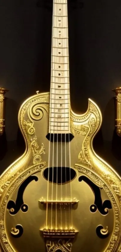 Ornate golden guitar art with dark background.