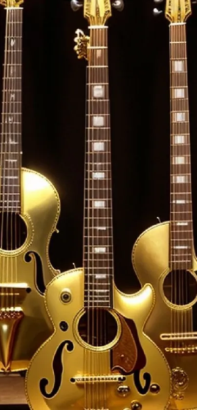Elegant golden guitars against dark background.