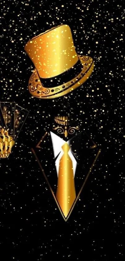 Elegant wallpaper with golden hat, tie, and black sparkling background.