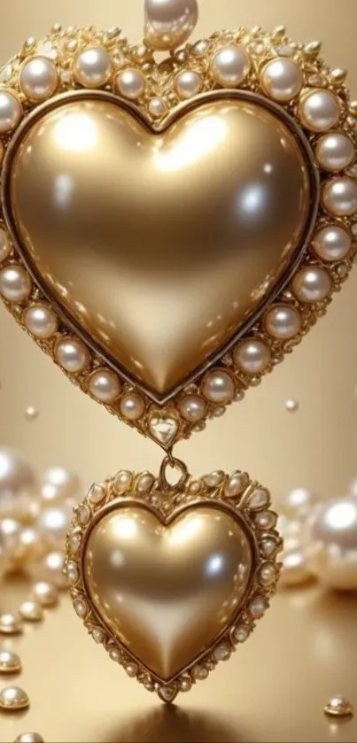 Elegant wallpaper with gold hearts and pearls.
