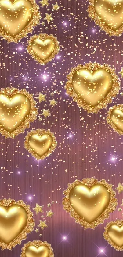 Elegant mobile wallpaper with golden hearts and stars on a textured background.