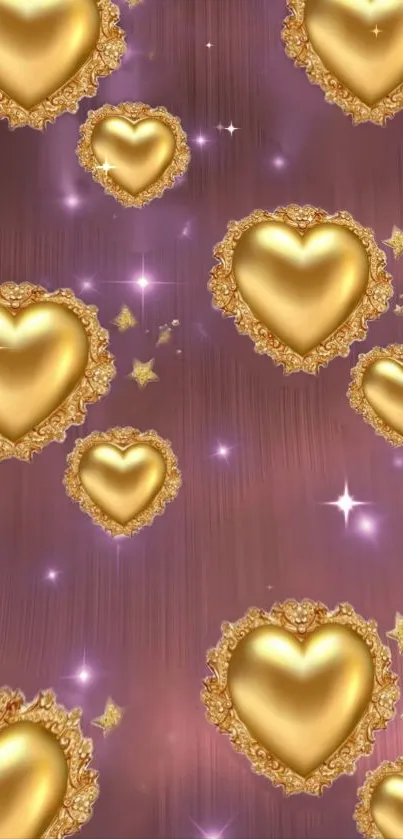 Mobile wallpaper with elegant golden hearts and stars on a purple background.