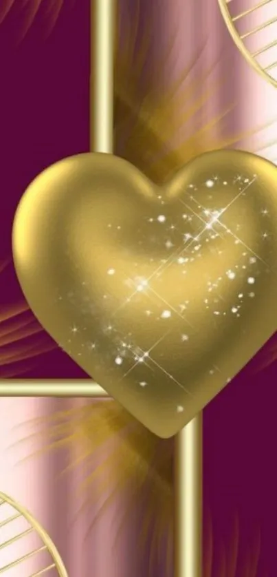 Elegant golden heart on maroon wallpaper.