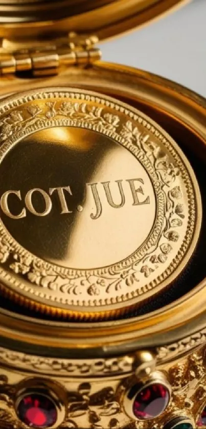 Golden ornate jewel box with gemstones.