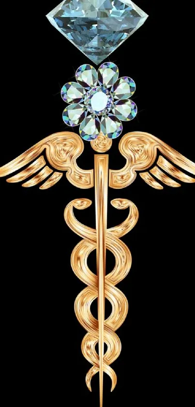 Golden caduceus with jewels and a blue diamond on black background.