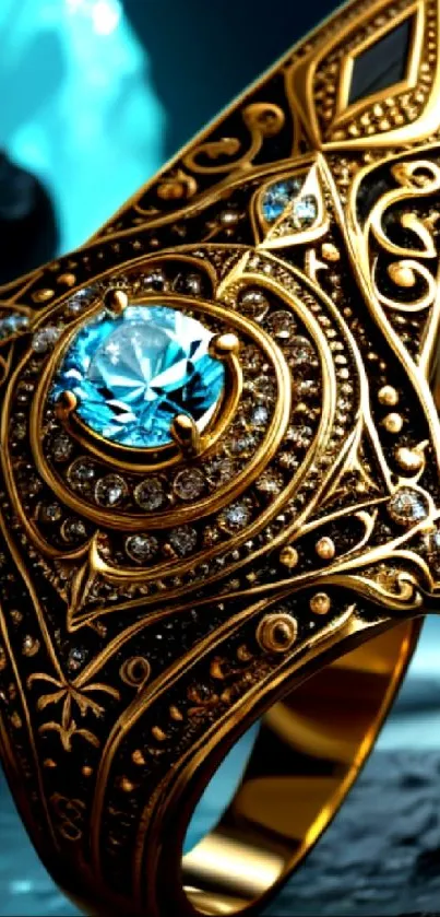 Elegant golden jewelry wallpaper with blue gemstone centerpiece.
