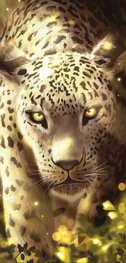 Artistic depiction of a leopard with a golden glow and detailed fur pattern.