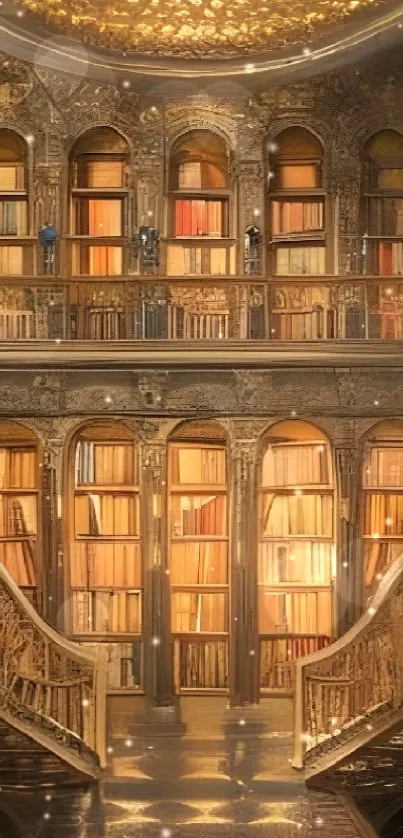 Luxurious golden library with ornate bookshelves and grand staircase.