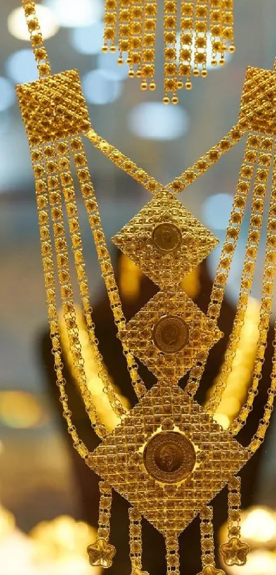 Close-up of an ornate golden necklace with intricate design details.