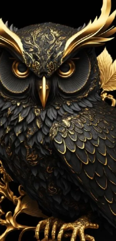Intricately designed golden owl with black background.