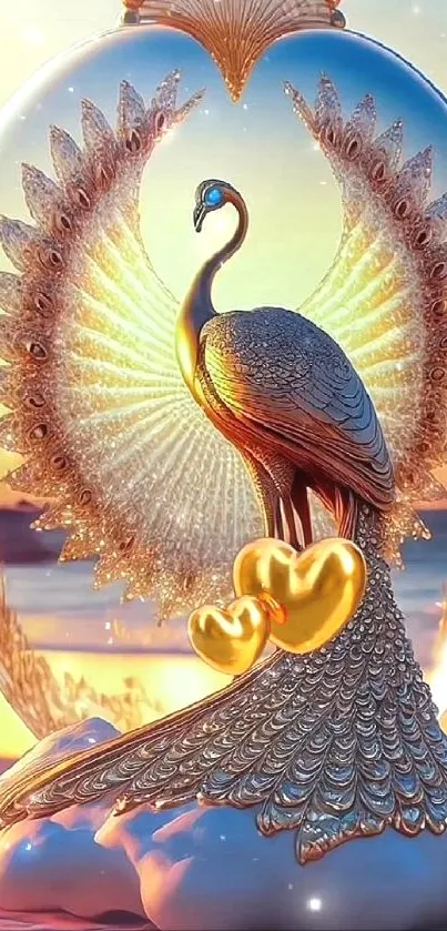 Golden peacock with radiant feathers on a surreal background.