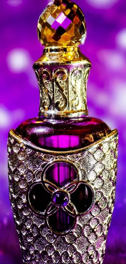 Golden perfume bottle on purple bokeh background.