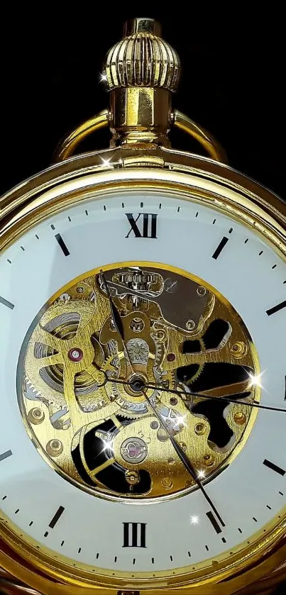 An elegant, gold pocket watch with visible intricate gears on a dark background.