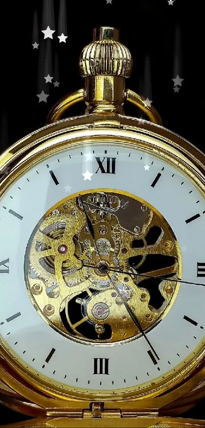 Golden pocket watch with intricate design on black background.