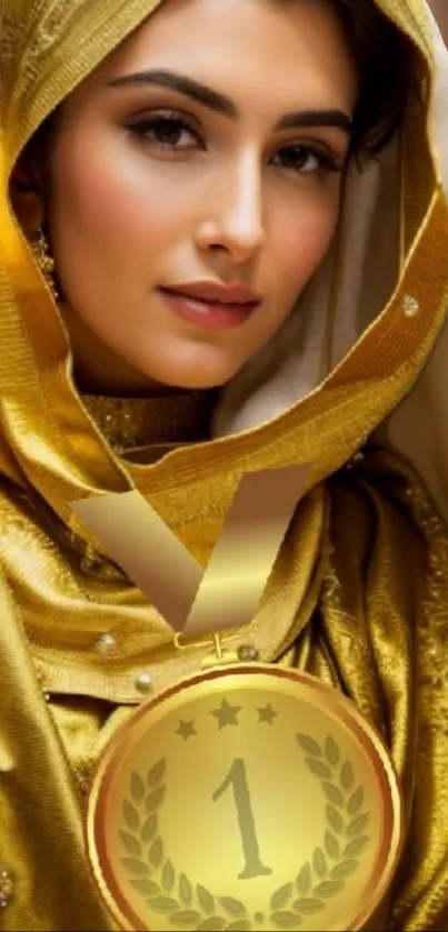 Elegant woman in gold attire with a medal, serene expression.