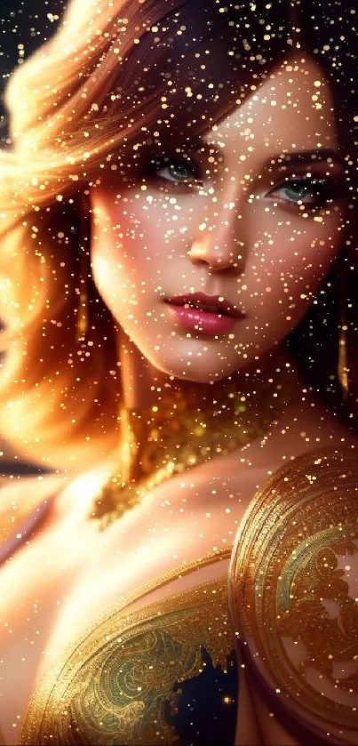 Elegant portrait with gold accents and vibrant lighting for mobile wallpaper.