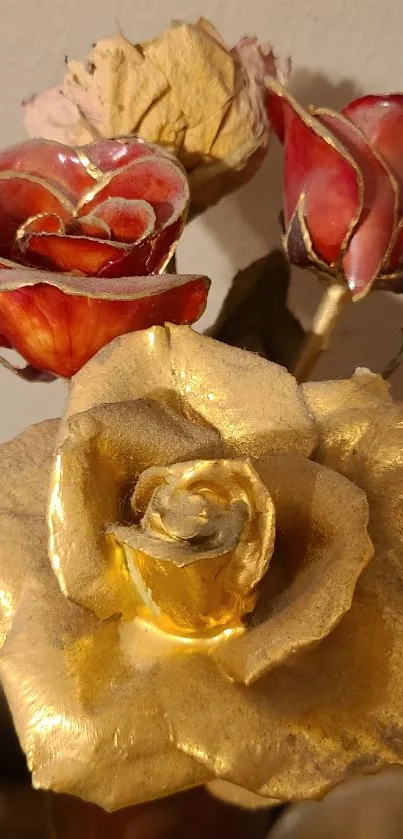 Golden and red roses elegantly arranged on mobile wallpaper.