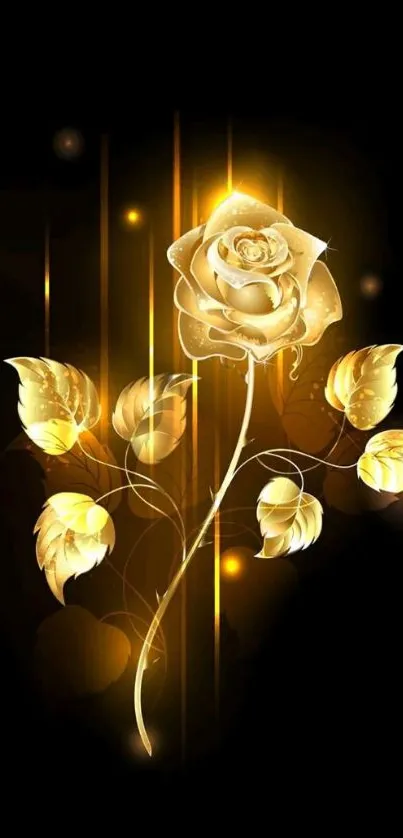 Elegant golden rose on black phone wallpaper background.